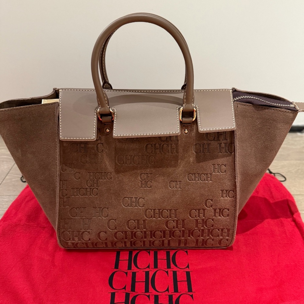 Carolina Herrera Brown Suede CH Logo Tote with Leather Trim